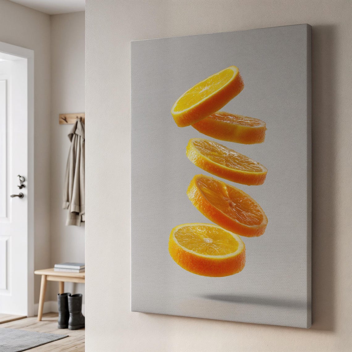 Floating Orange Slices Canvas Wall Art Realistic Citrus Stack On Beige Minimalist Fruit Print For Kitchendining Room Or Modern Cafe Decor