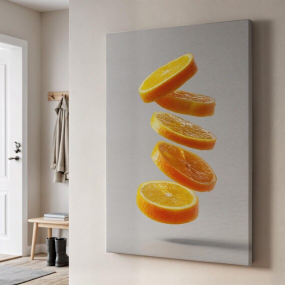 Floating Fresh Orange Slices Falling Down on Gray Kitchen Poster