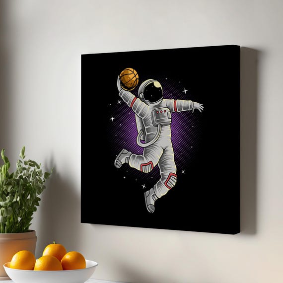 Astronaut Playing Basketball On The Moon Canvas Painting Large Wall Art Framed Housewarming Gifts Sports Print