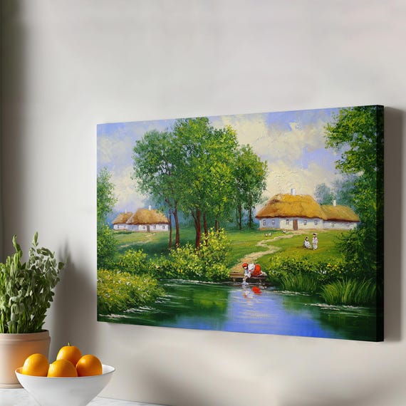Woman Filling Water From The Stream Oil Painting Look Decorative Canvas Wall Art Nature Print Decor