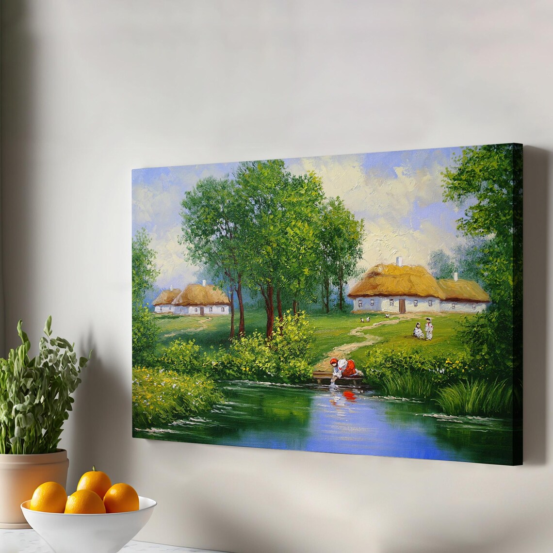 Woman Drawing Water Village Stream Thatched Cottages Folk Wall Art