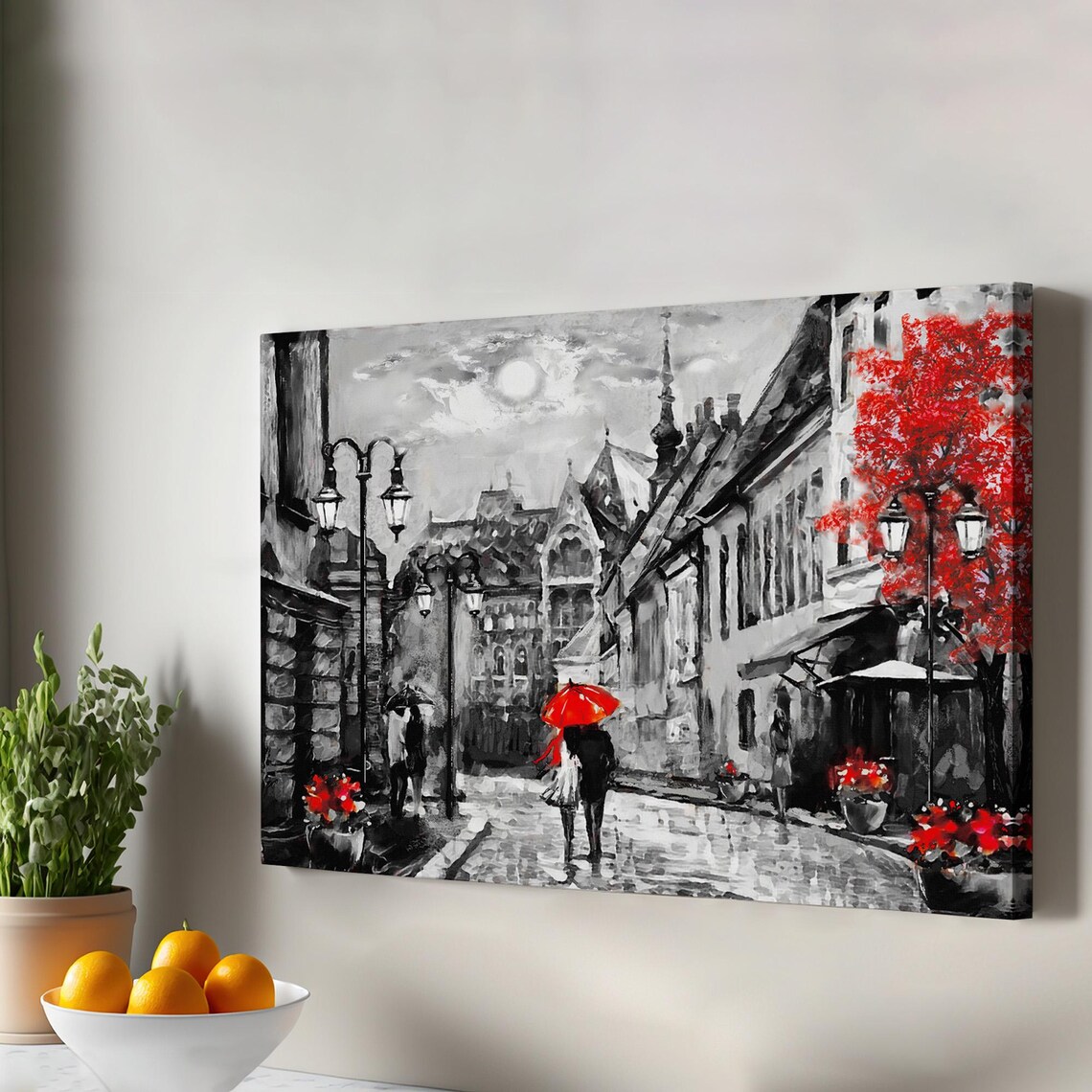 Budapest Street Black And White Red Umbrella Couple Romantic Canvas Print