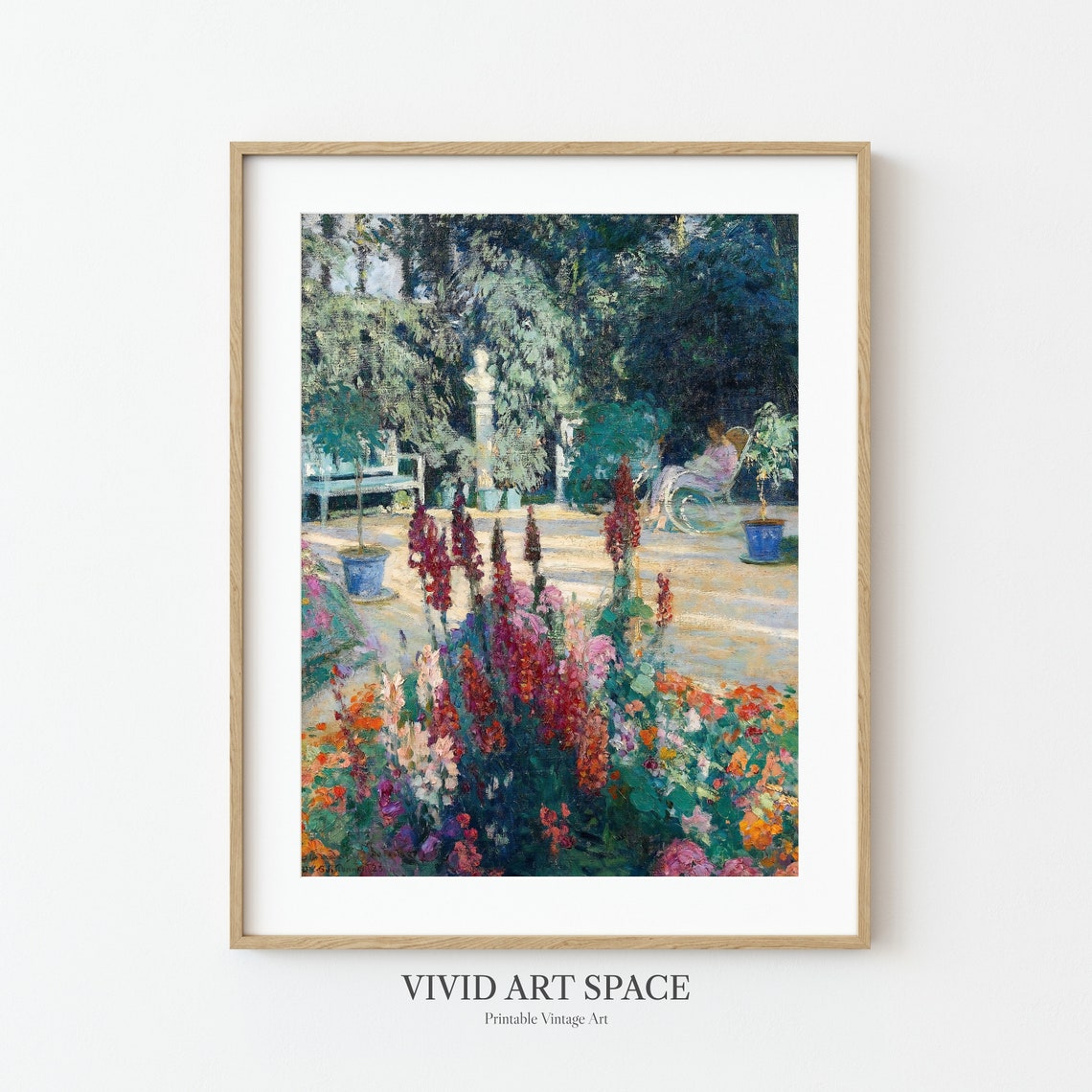 Woman in Sunlit Flower Garden Blooming Impressionist Vintage Print - Image 3