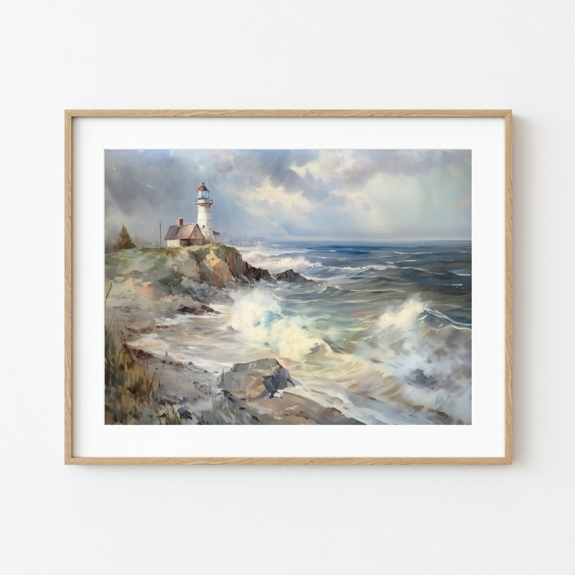 Lighthouse On Rocky Coast Crashing Waves Dramatic Seascape Poster - Image 2