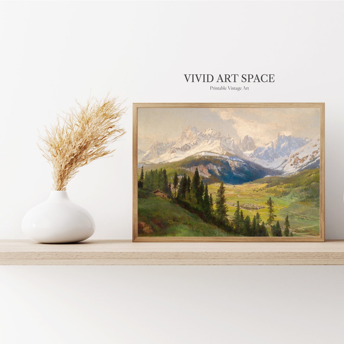 Snow Capped Alpine Mountain Valley Village Summer Vintage Poster - Image 2