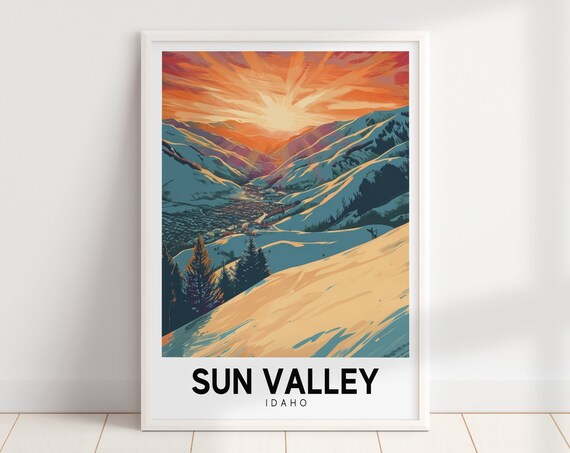 Sun Valley Idaho Sunrise Over Snowy Peaks Winter Ski Travel Poster