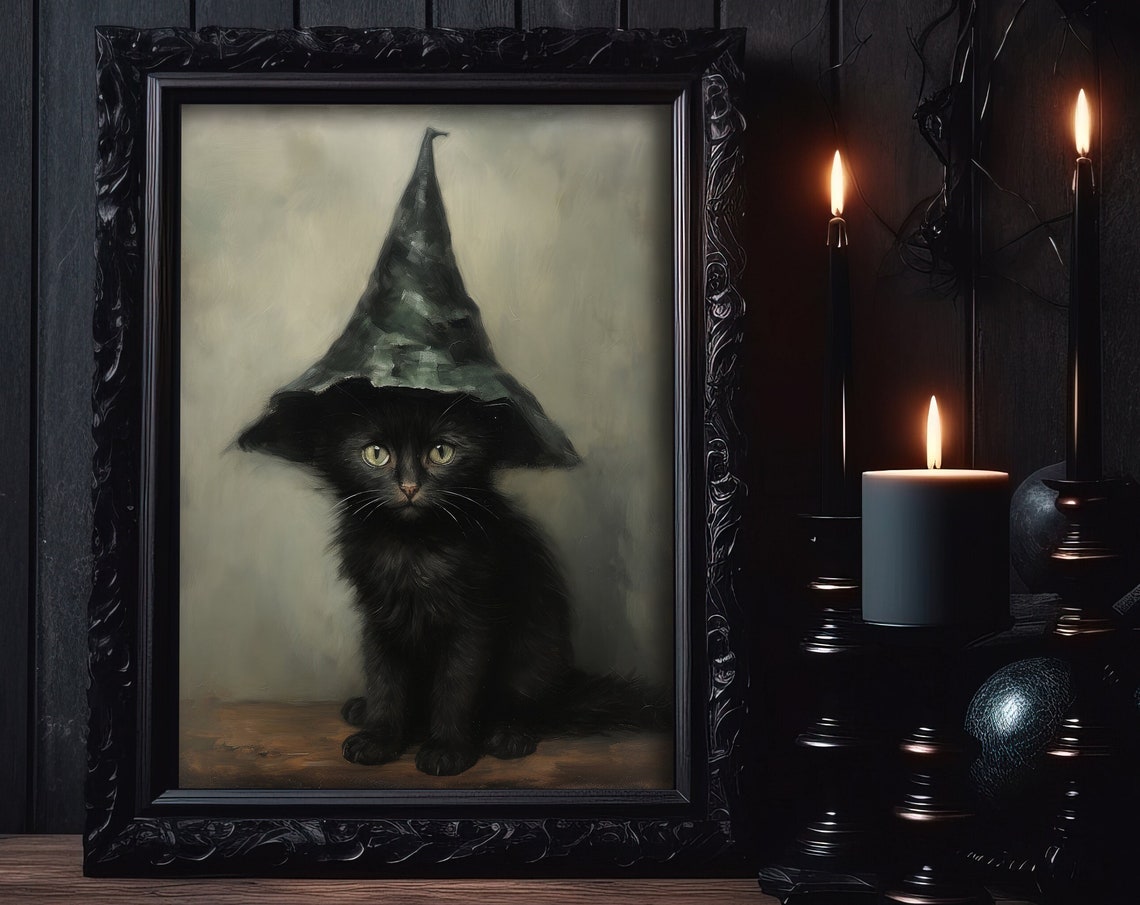 Spooky Black Kitten In Witch Hat Muted Vintage Halloween Poster - Image 3