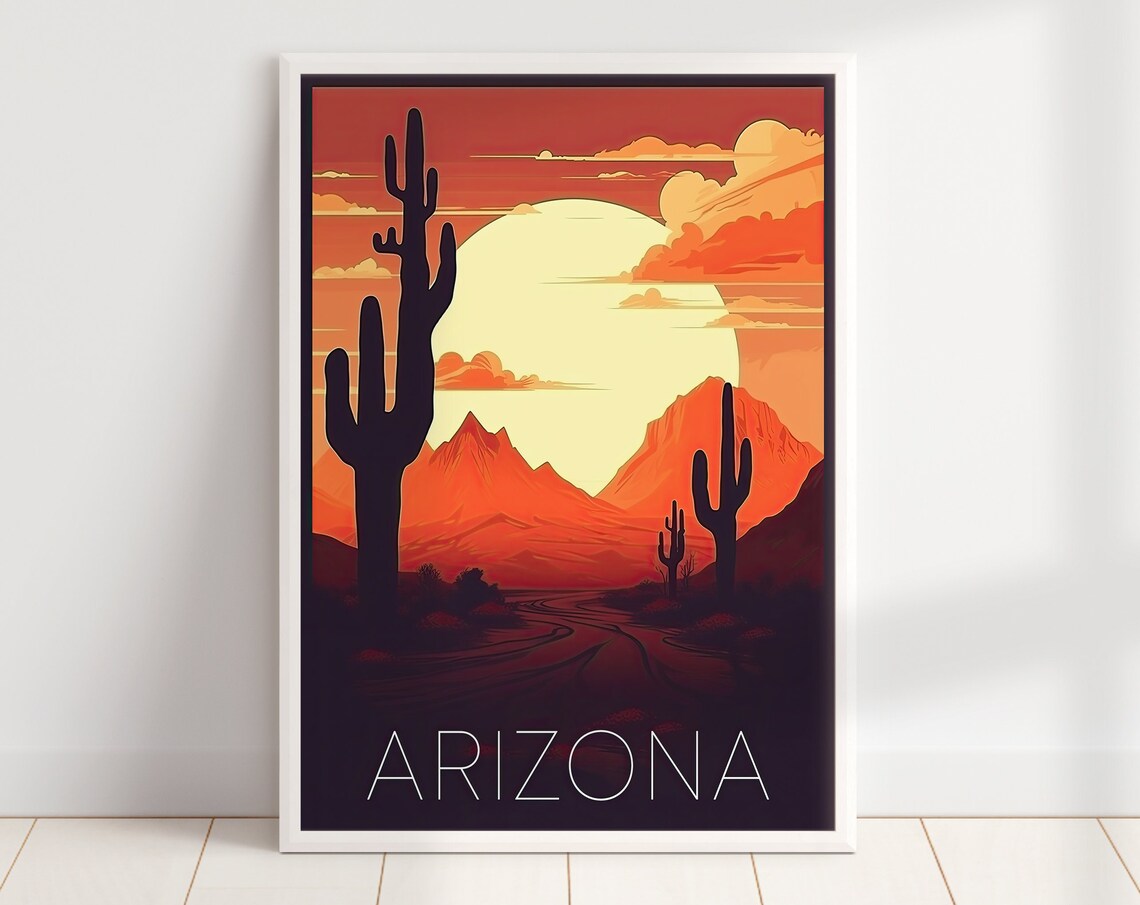 Arizona Desert Retro Sunset Saguaro Cactus Road Travel Poster