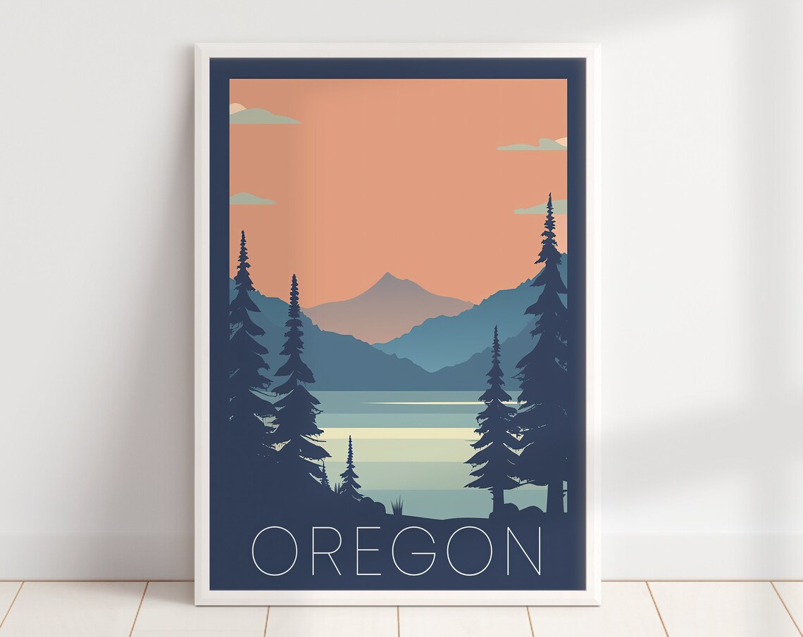 Oregon Retro Mountain Lake Evergreen Forest Sunset Travel Poster