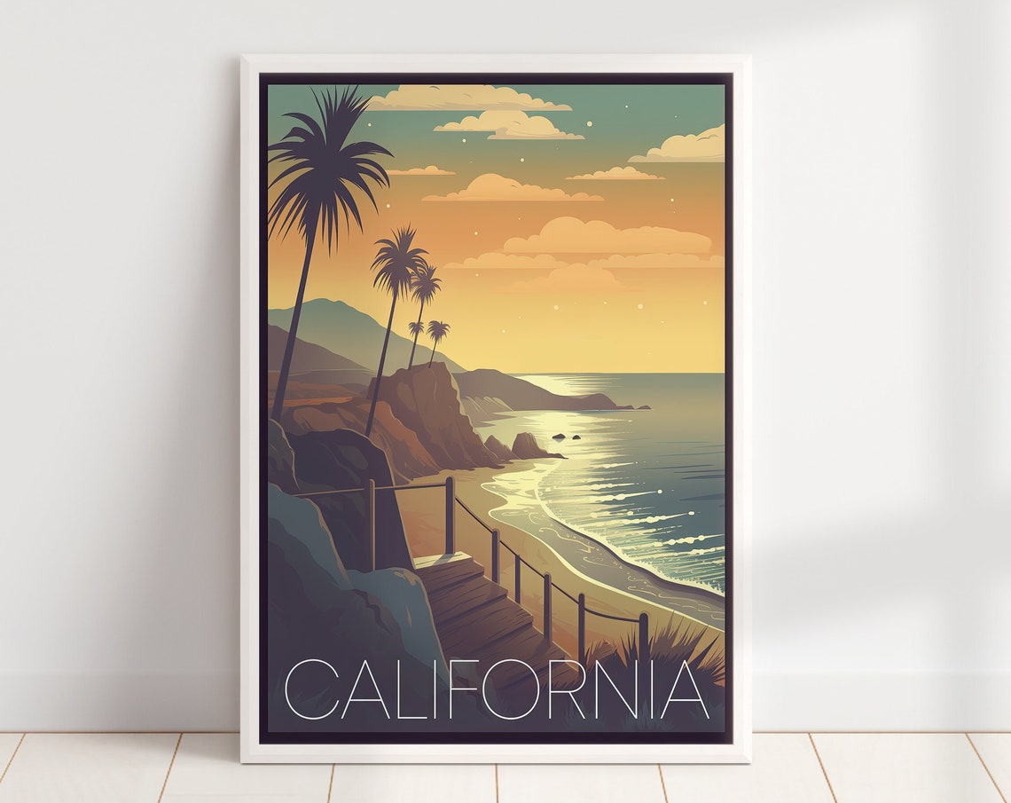 California Coast Retro Sunset Cliffs Palms Beach Travel Poster