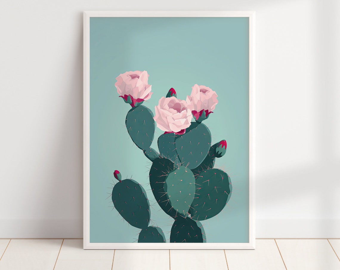 Blooming Prickly Pear Cactus Pink Flowers Pastel Wall Poster