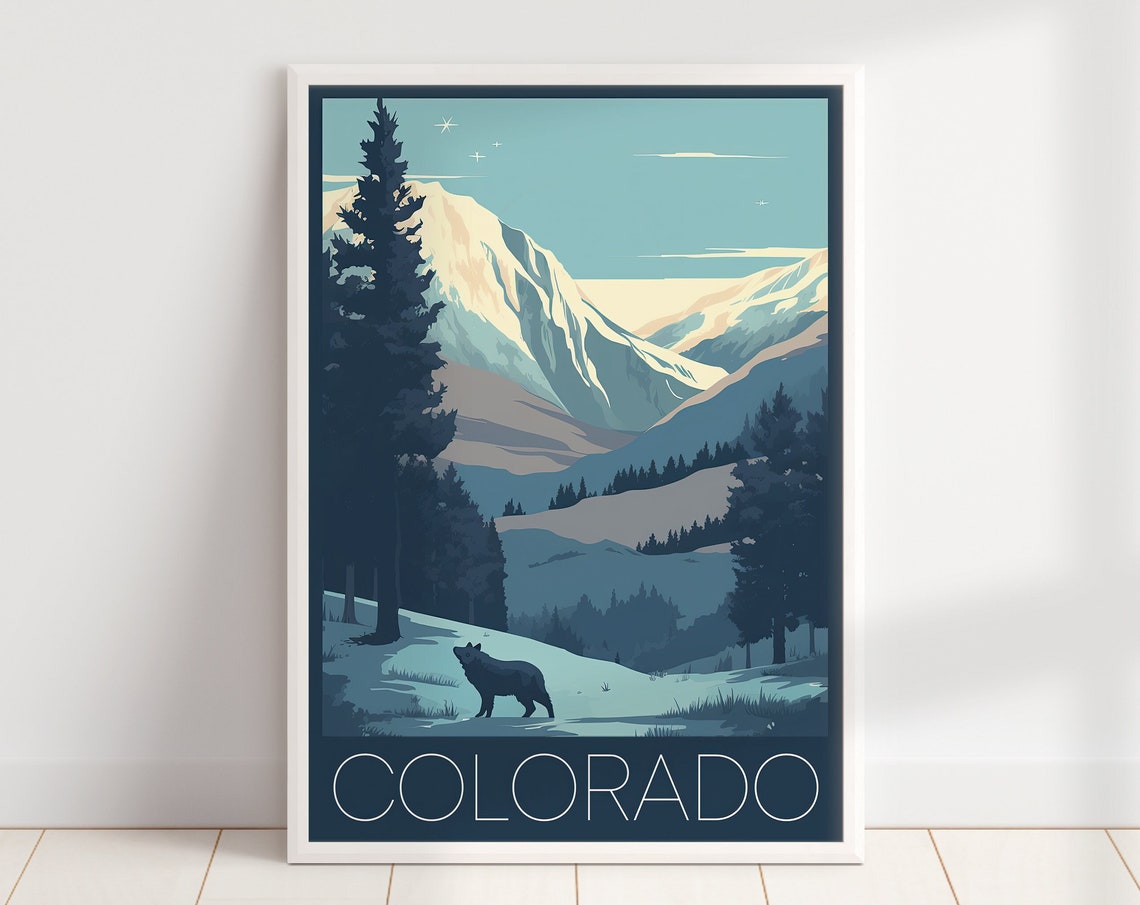 Colorado Mountain Retro Snow Peaks Wolf Forest Travel Poster