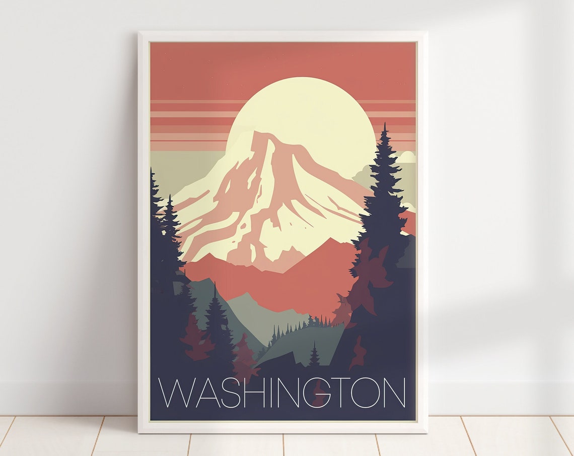 Washington State Snowy Mountain Sunset Retro Travel Wall Poster