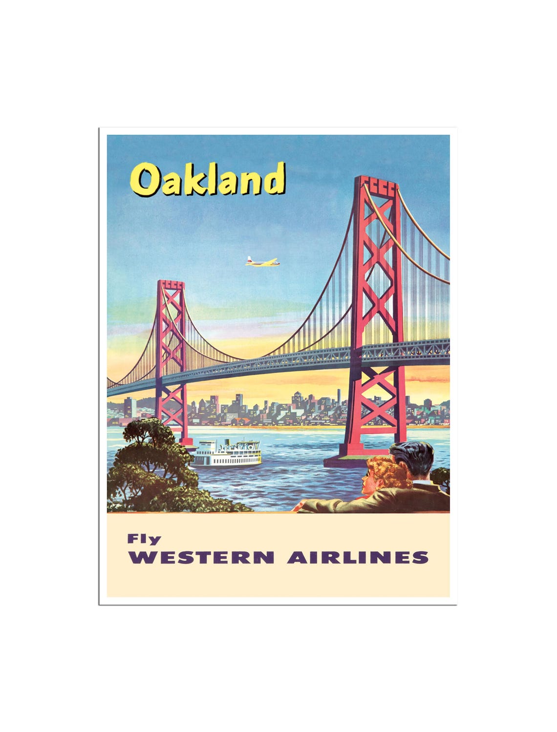 Oakland Fly Western Airlines Vintage Bay Bridge Ferry Sunset Poster