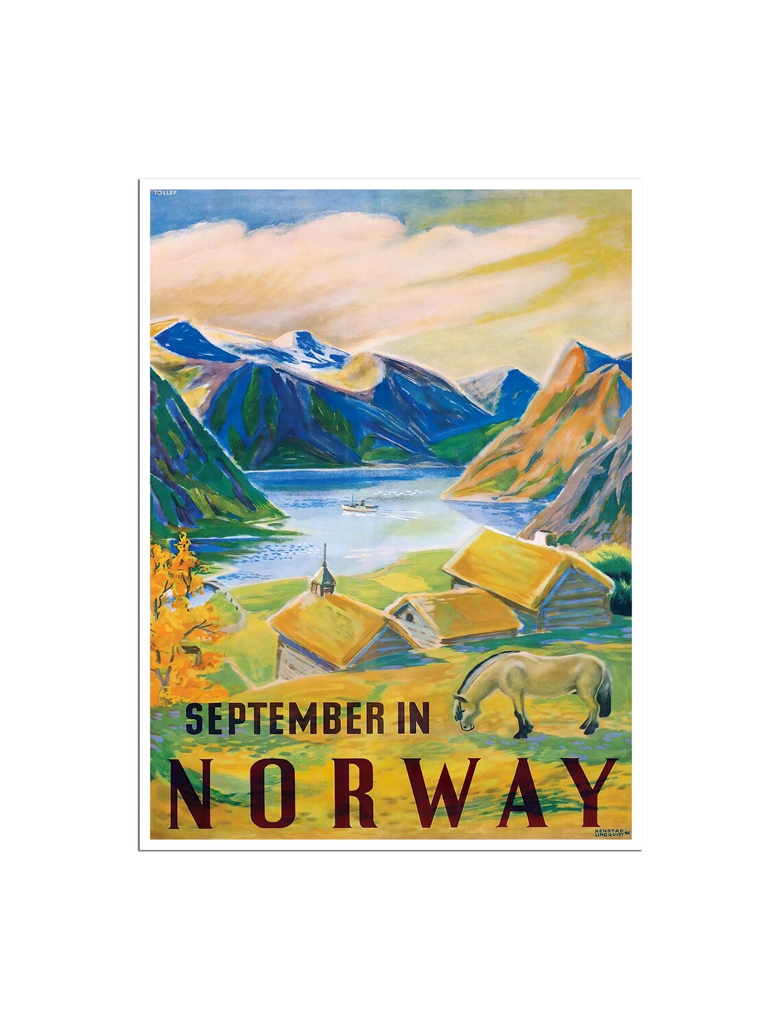 September in Norway Vintage Fjord Farm Horse Autumn Travel Poster