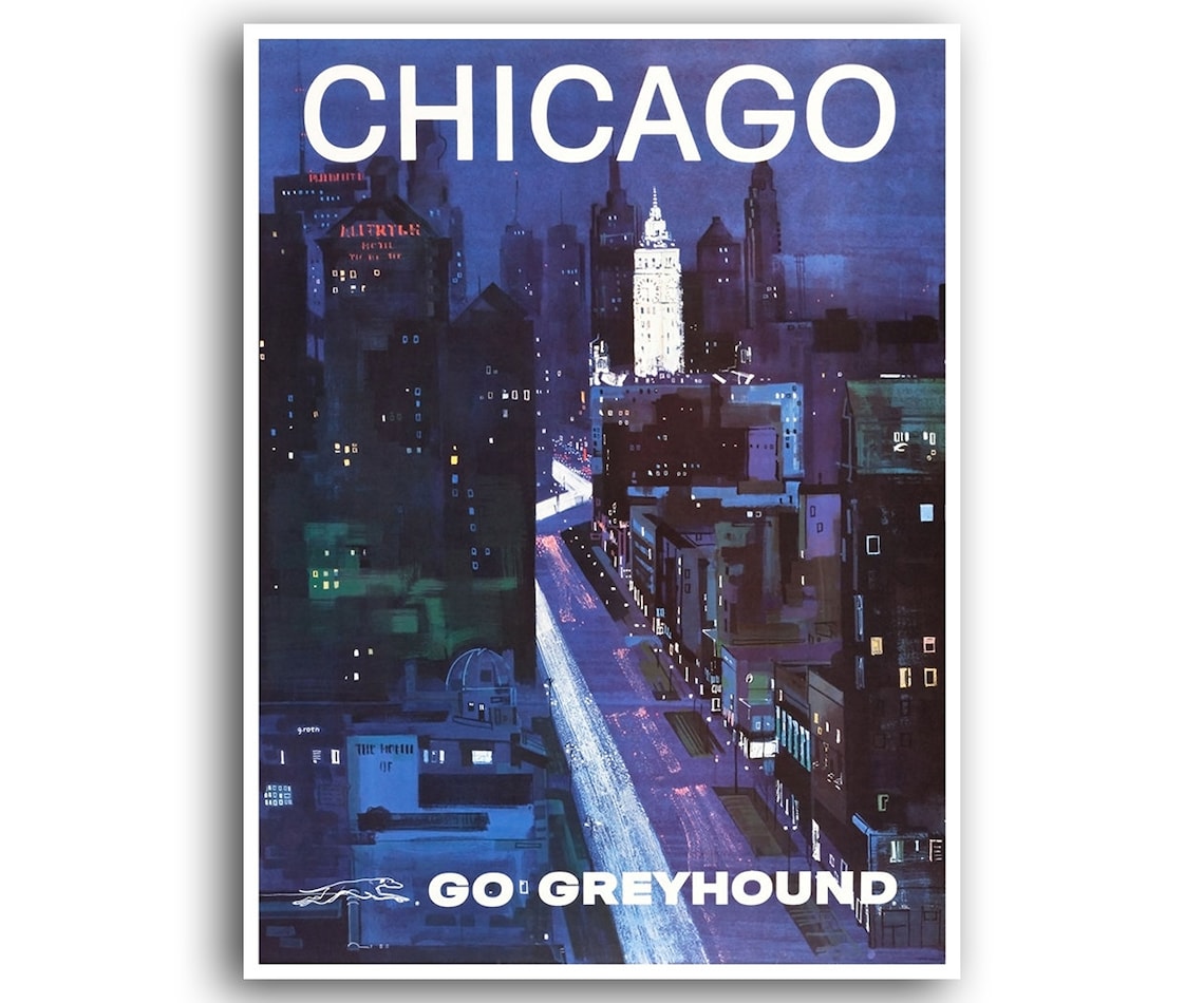 Chicago Night Skyline Downtown Go Greyhound Vintage Travel Poster
