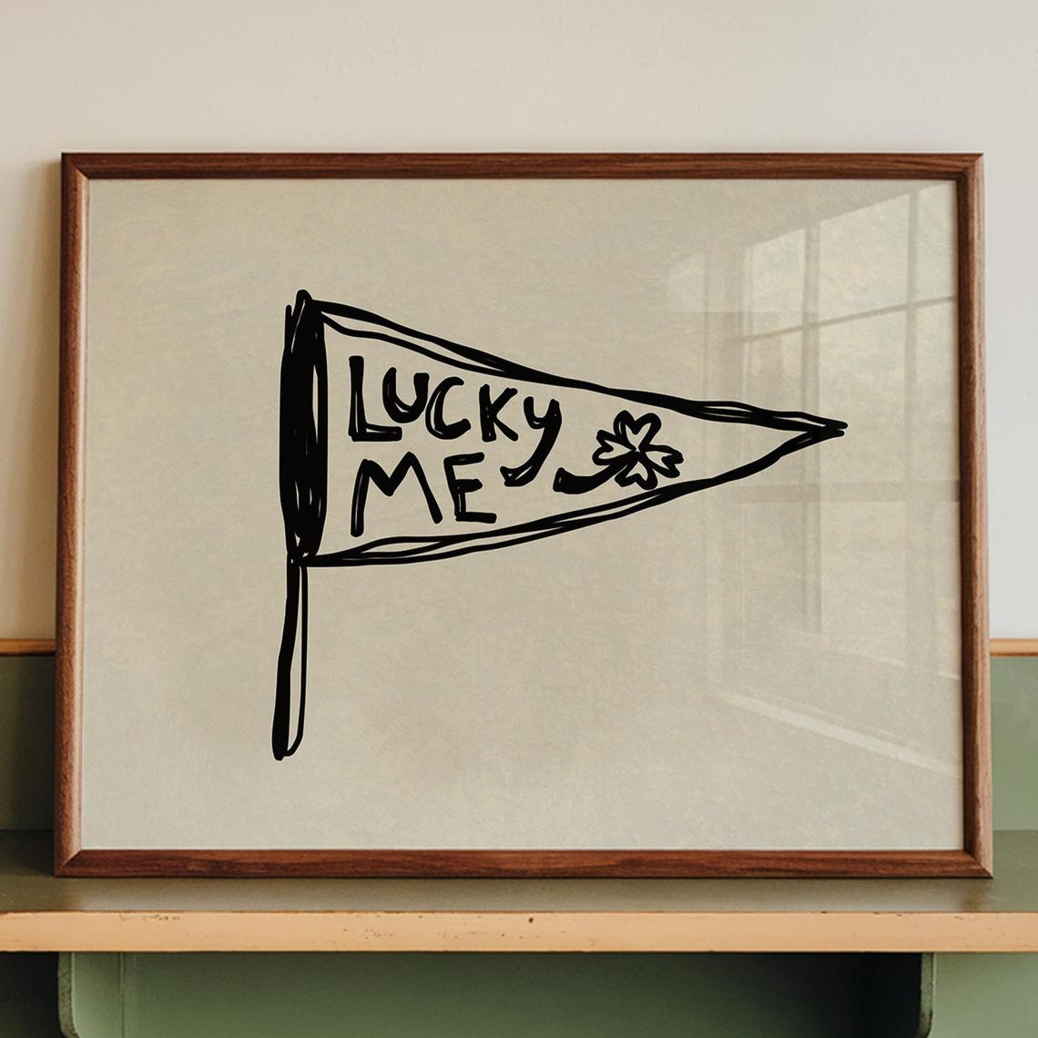 Lucky Me Pennant Poster Hand Drawn Clover Retro Typography Decor