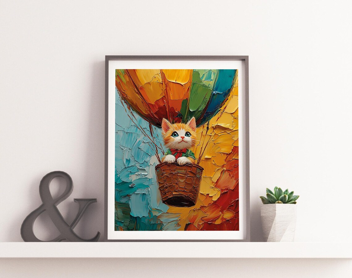 Kitten in Hot Air Balloon Impasto Colorful Oil Painting Poster - Image 2