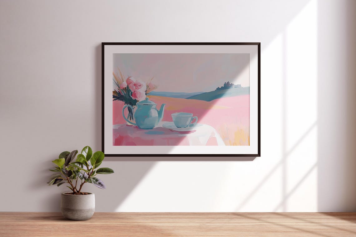 Teal Teapot and Teacup Rose Tea Party Pastel Table Art Poster - Image 3
