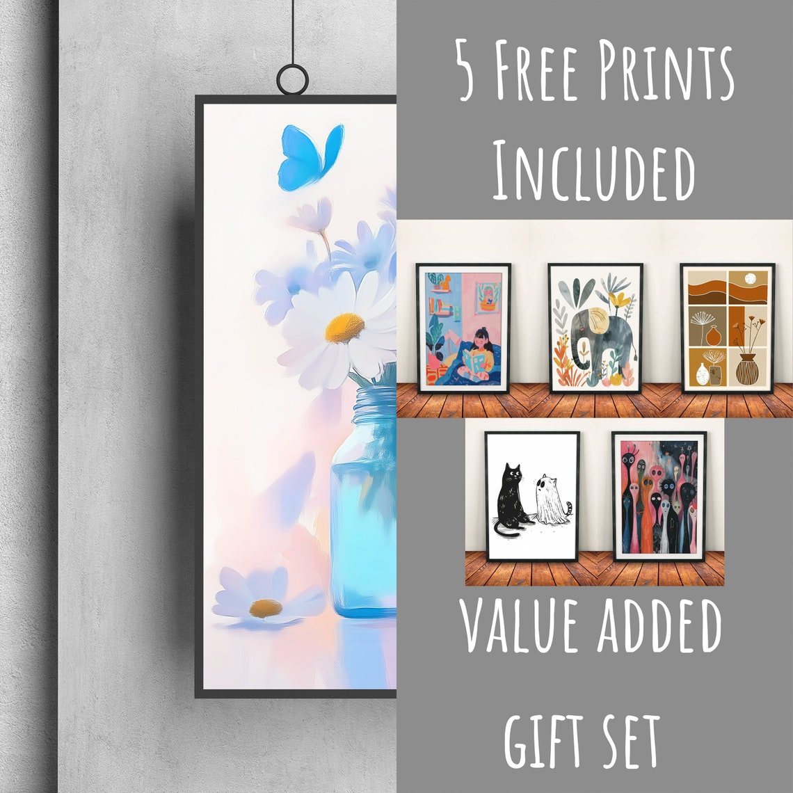White Daisies In Blue Bottle Vase Blue Butterflies Pastel Print - Image 3