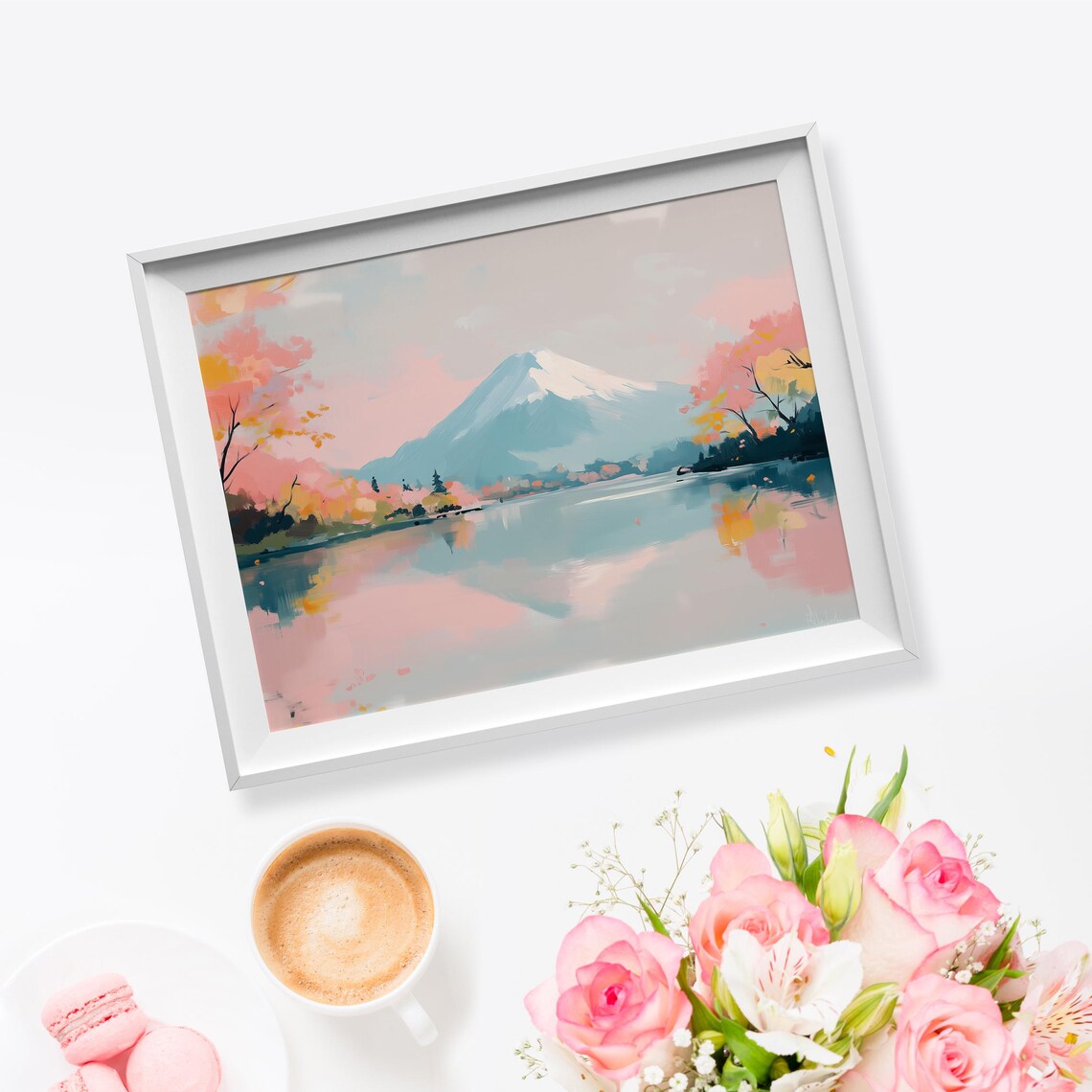 Mount Fuji Reflected In Calm Lake Autumn Trees Pastel Travel Poster - Image 5