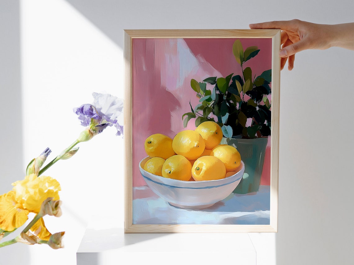 Bright Yellow Lemons In White Bowl Beside Potted Lemon Plant Print - Image 4