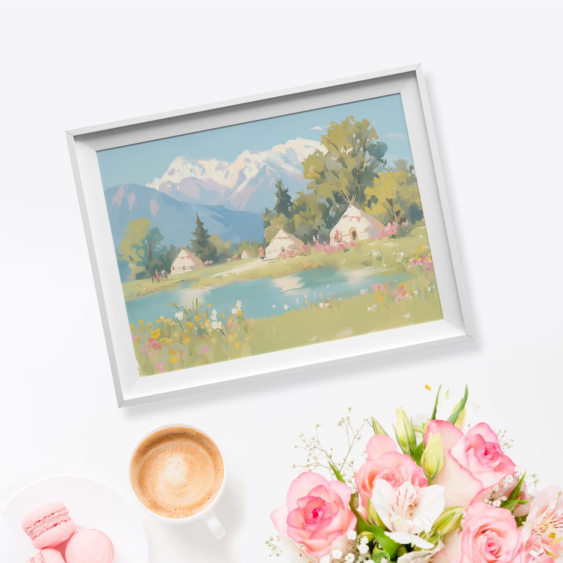 Mountain Lake With White Tents Snow Peaks And Wildflowers Print - Image 5