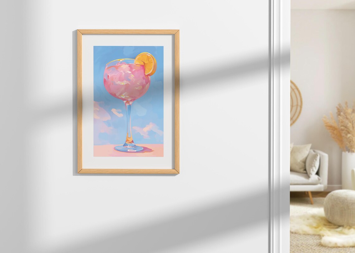 Pink Cocktail Balloon Glass Lemon Slice Bright Blue Sky Summer Drink Wall Art - Image 4