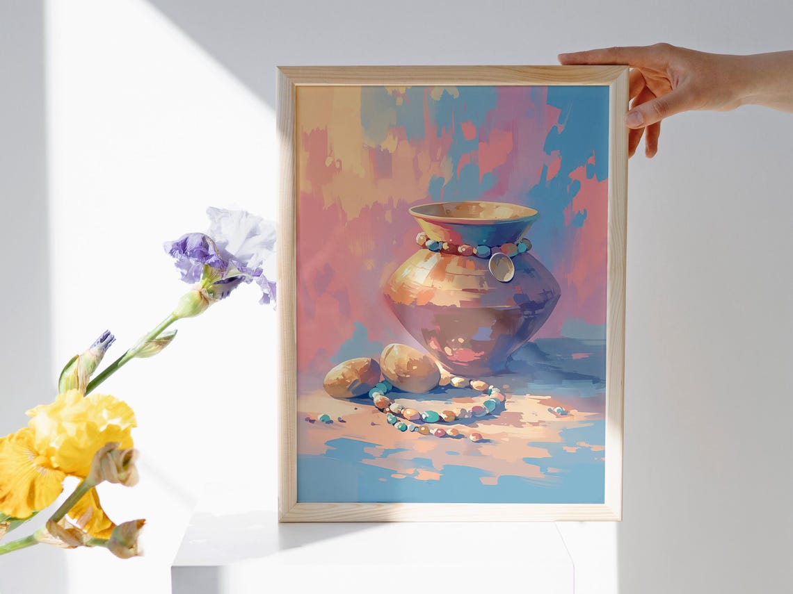 Clay Pot Still Life Beaded Necklace Pebbles Pastel Bohemian Art Poster - Image 2