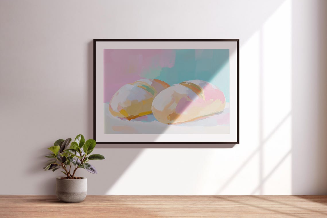 Fresh Bread Loaves Pastel Still Life Painting Pink Mint Kitchen Poster - Image 3