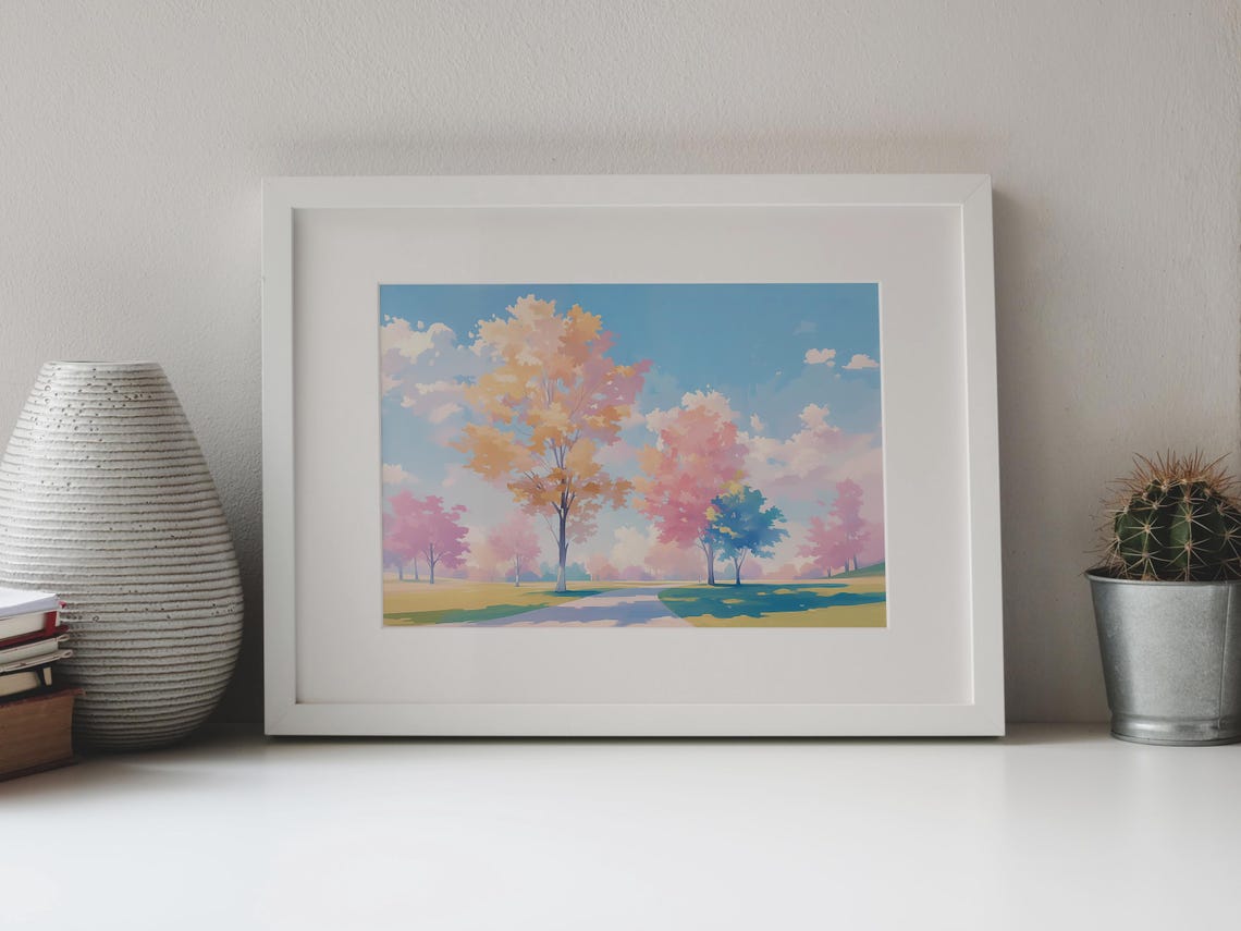 Pastel Spring Park Pink Blossom Trees Winding Path Art Poster - Image 4
