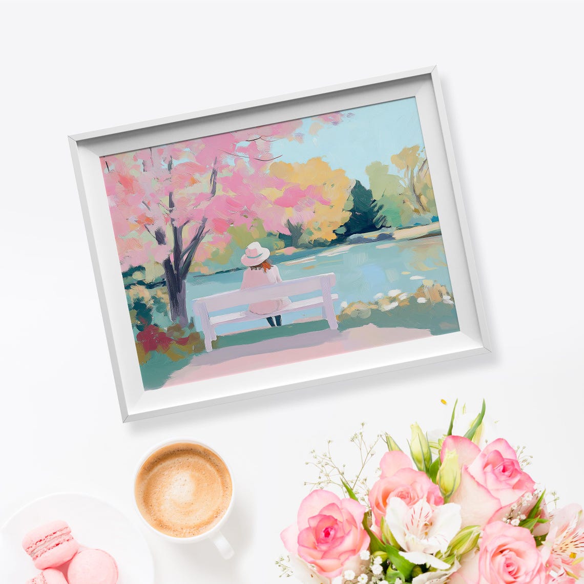 Woman on Park Bench by Lake Under Cherry Blossoms Pastel Serene Poster - Image 5
