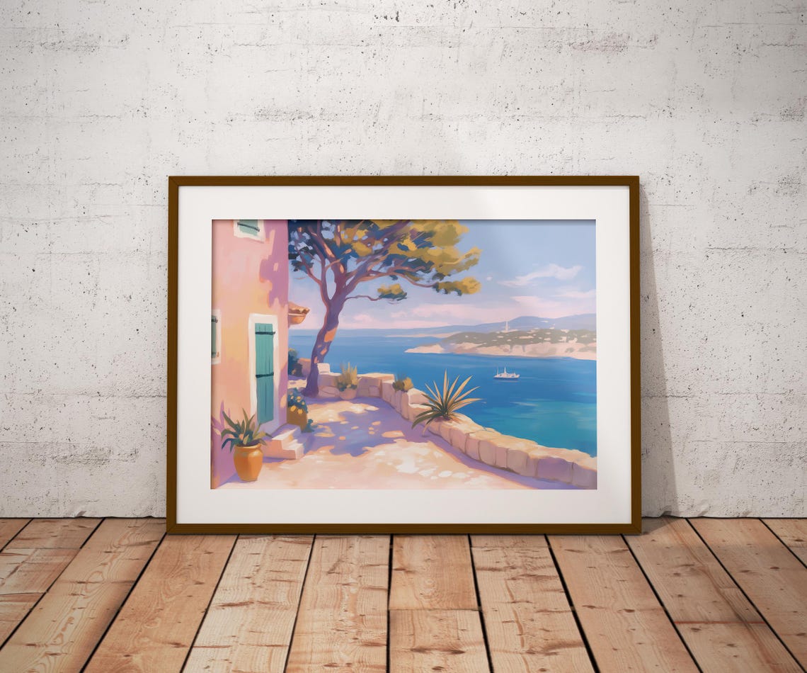 Mediterranean Coastal Terrace Pink Villa Pine Tree Blue Sea Poster - Image 2