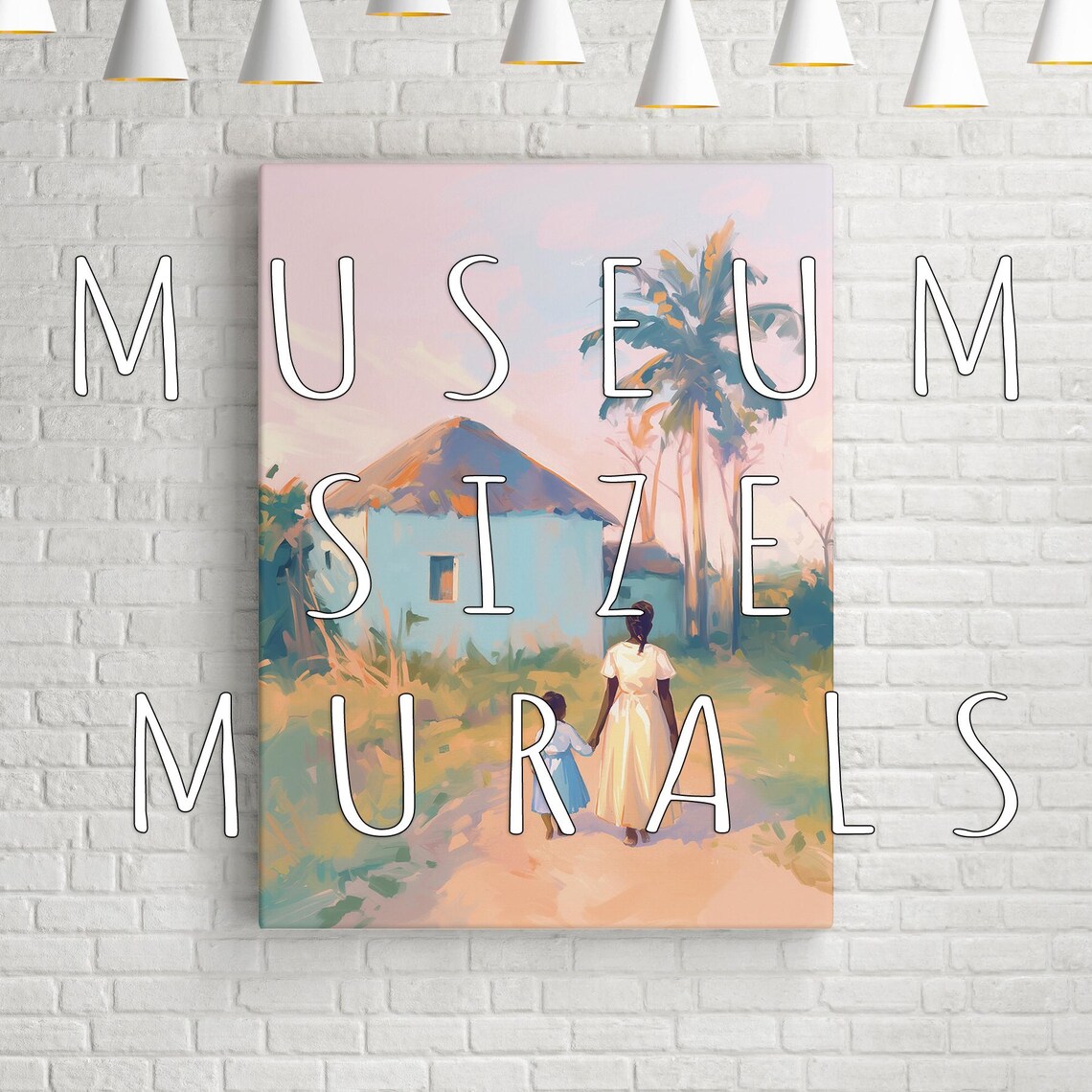 Mother Child Walking Path Thatched Hut Palm Trees Tropical Sunset Wall Art - Image 3