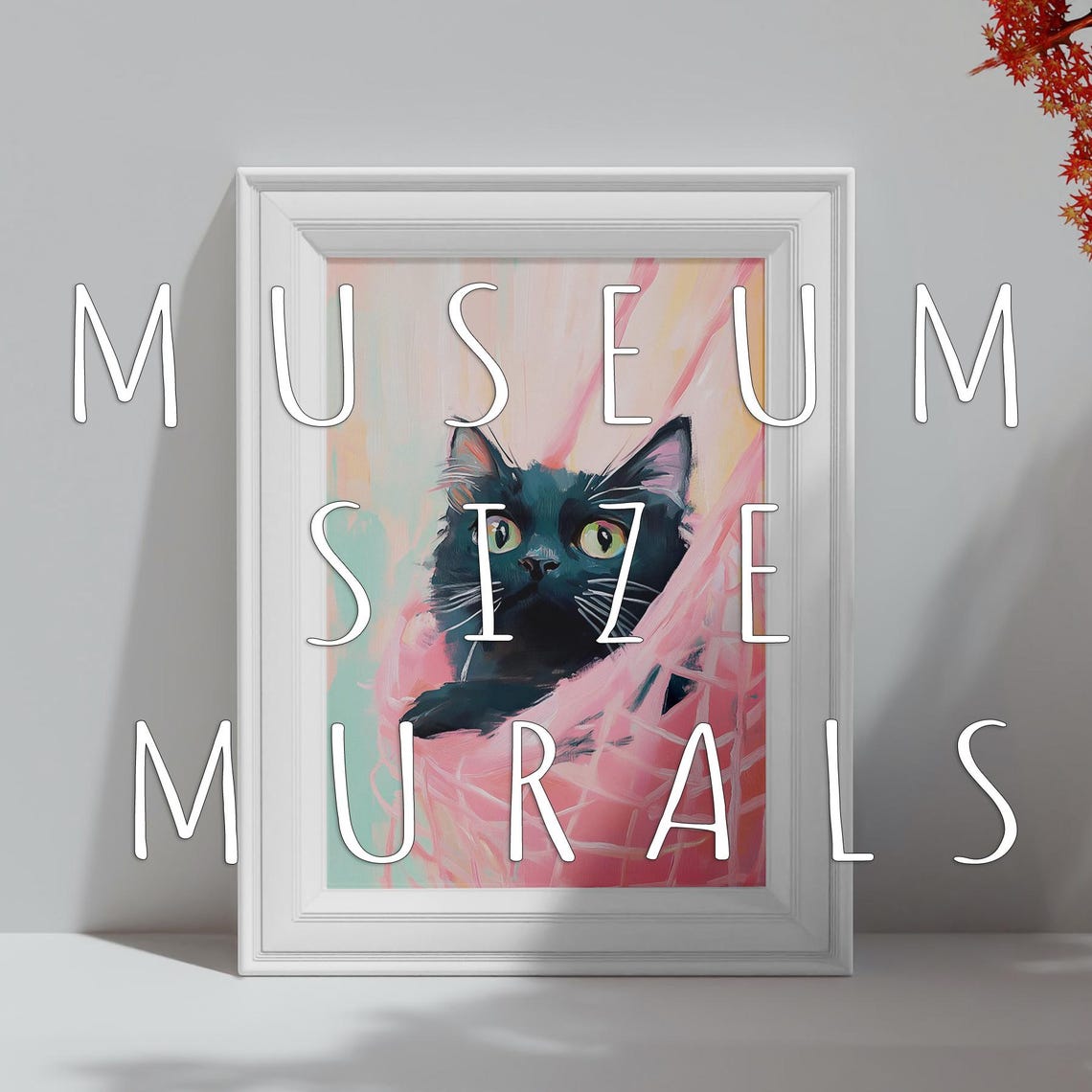 Black Cat Peeking Pink Curtain Big Green Eyes Whimsical Wall Art - Image 3