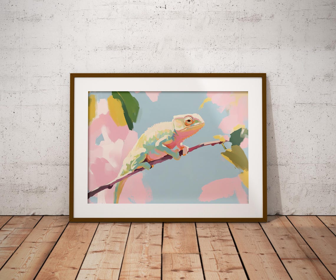 Pastel Chameleon On Branch Colorful Reptile Nature Art Wall Print - Image 2