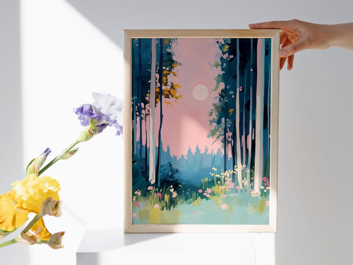 Pastel Night Forest Art Moon Forest Art Deep Blue Forest Art Full Moon Forest Whimsical Night Art Deep Blue Forest Art Night Forest - Image 2
