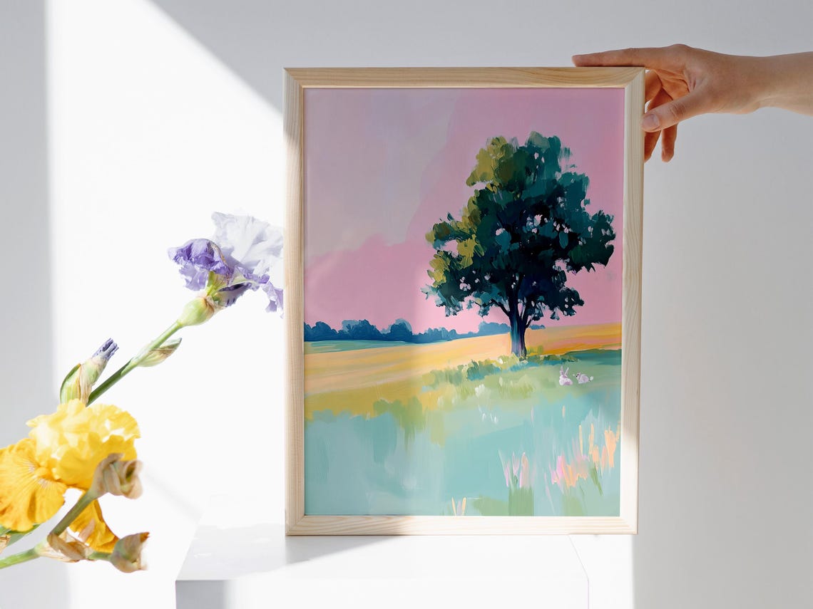Lone Tree In Pastel Field Pink Sunset Sky Golden Meadow Art Poster - Image 2