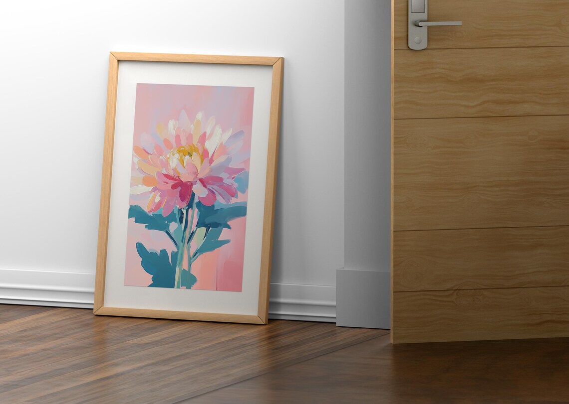Pink Chrysanthemum Single Bloom Pastel Floral Painting Soft Pink Poster - Image 2