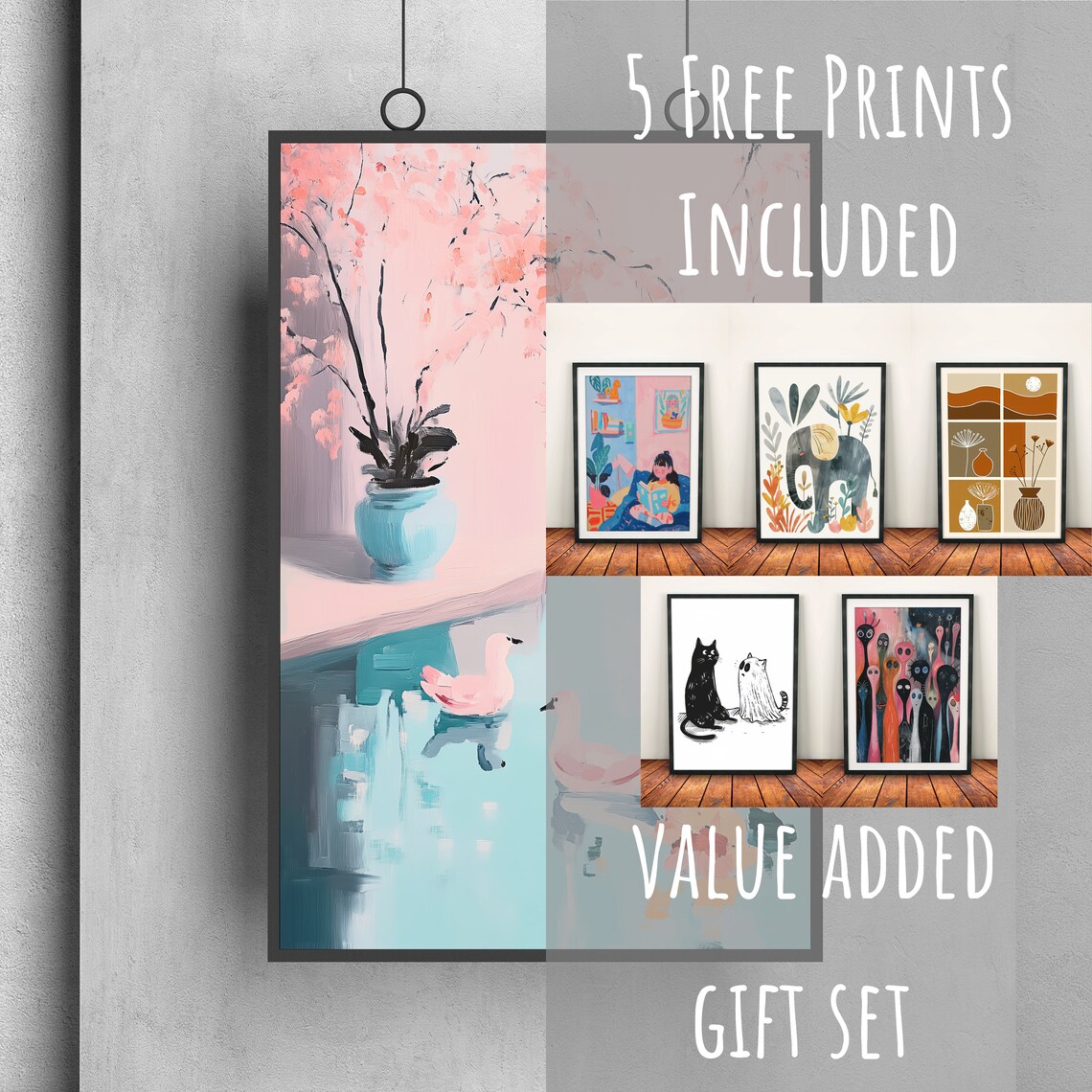 Pink Ducks Swimming in Turquoise Pond Chinoiserie Pastel Wall Poster - Image 3