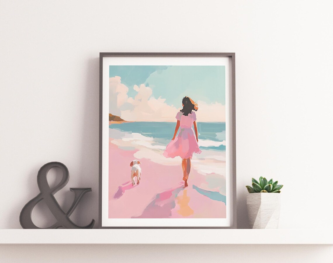 Girl In Pink Dress Walking Dog On Beach Pink Sand Seaside Art Poster - Image 2