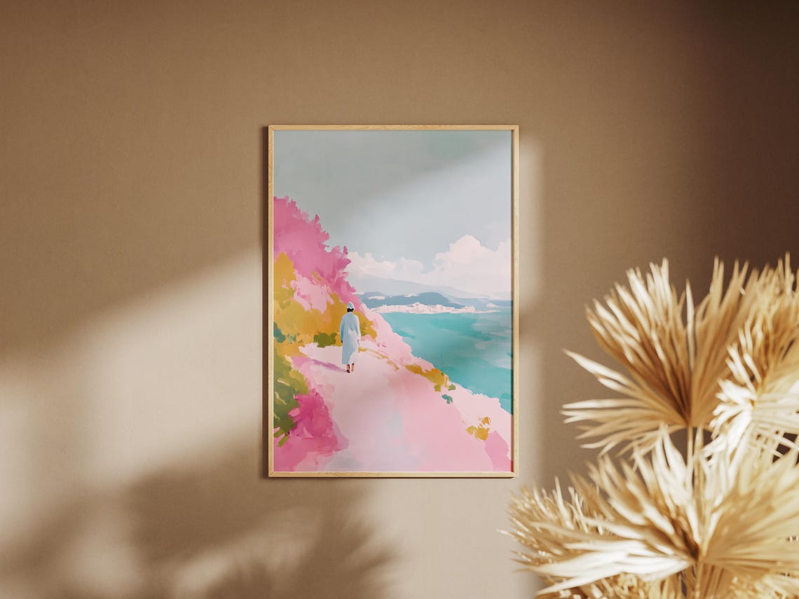 Pink Bougainvillea Cliff Path Turquoise Sea Coastal Walk Art Poster - Image 2