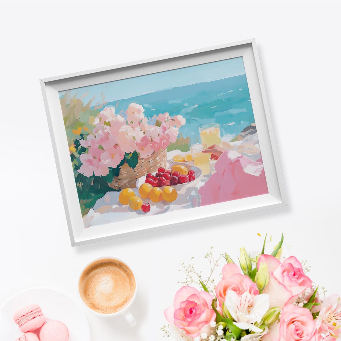 Seaside Picnic Hydrangeas Lemons Turquoise Ocean View Wall Art Print - Image 5