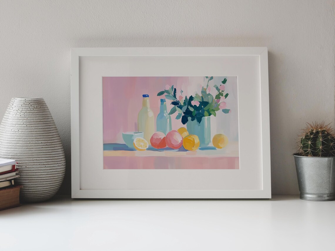Pastel Still Life Lemons Bottles and Flowers Kitchen Wall Art Print - Image 4