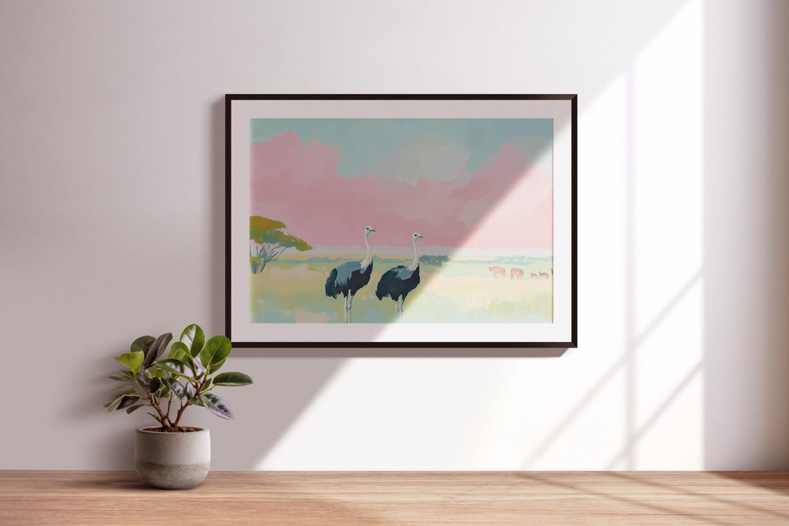 Savannah Ostrich Soft Pastel Painting Ostrich Nursery Art Pink Animal Painting Ostrich Pastel Watercolor Ostrich Savannah Art Print - Image 3