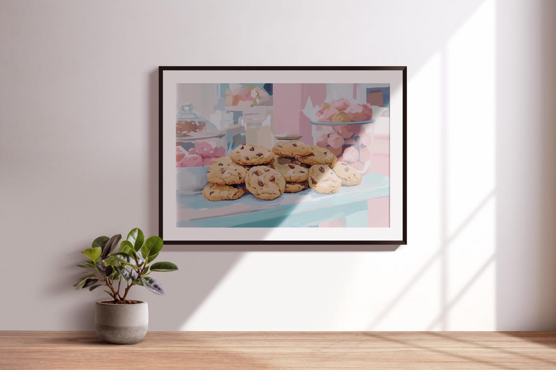Stack Of Chocolate Chip Cookies On Pastel Blue Table Kitchen Poster - Image 4