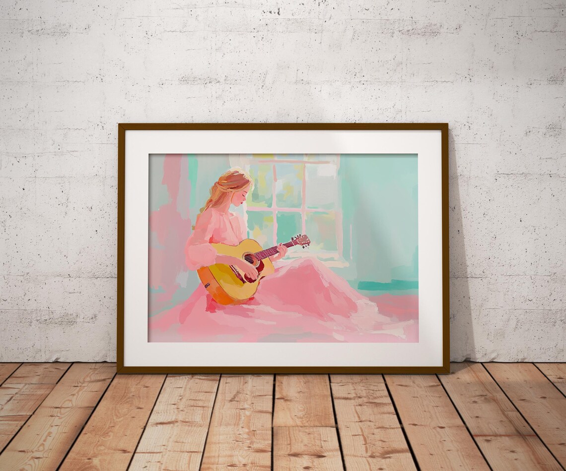 Girl In Pink Dress Playing Acoustic Guitar By Window Pastel Art Poster - Image 2