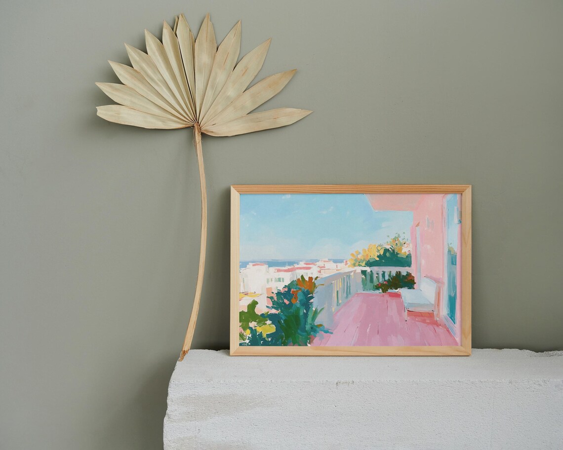 Mediterranean Balcony Sea View Pastel Coastal Cityscape Travel Poster - Image 2