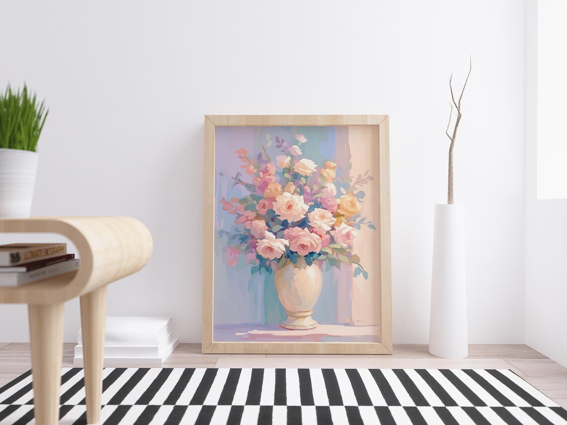 Pink Cream Roses Bouquet White Vase Soft Pastel Floral Still Life Wall Art - Image 2