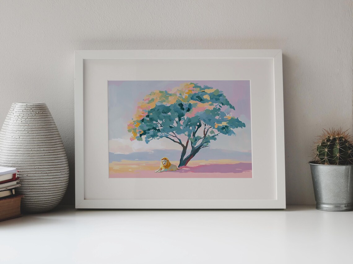 Lion Resting Under Big Pastel Tree Pink Savanna Wildlife Painting Poster - Image 4